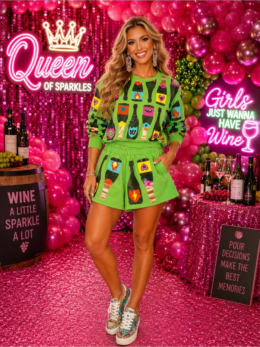QUEEN OF SPARKLES Green Graphic Sweatshirt & Short Set Wine SEQUIN Size XS